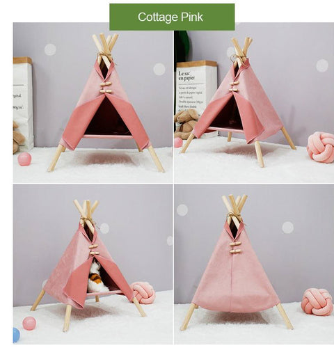 Give your kitty a mini vacation with the Wooden Tent Cat Bed. Equipped with fun tiebacks, poles, and decorative roping, this bed will have your cat sleeping resort-style in your home. It is composed of durable upholstery and soft plush, purr-fect for long naps or cozy observation.