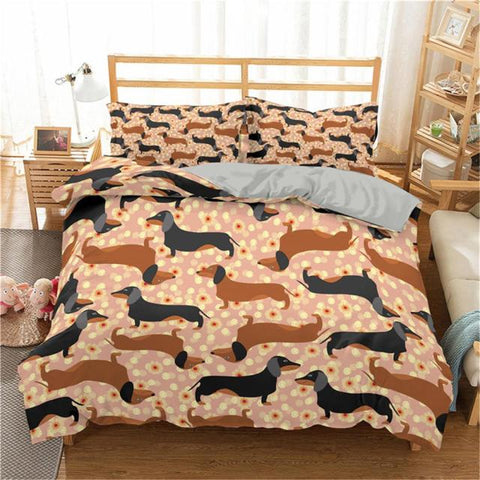 This delightful Dachshund Bedding Set will update the look of your bedroom with its unique pet design instantly. Featuring all over Dachshund design, two matching shams, this set will bring glam, exceptional warmth, and textural aesthetic to your bedroom.