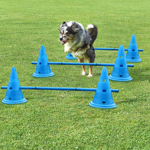 Level up your dog's agility training with the Dog Agility Jump Bars. This kit includes multiple poles with pre-set levels and cross base, and a jump bar so it’s perfect to teach your dog all those impressive jumps and leaps. Lightweight and portable, they’re perfect for on-the-go or for easy to set-up backyard fun.