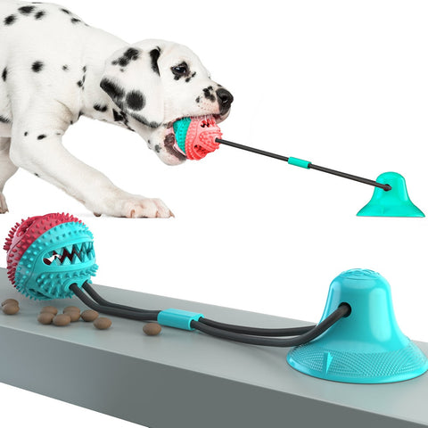 Increase the relationship between you and your pup with the Treat Dispensing Dog Chew Toy. This chew toy consists of a ball in the center and two rope loops with a suction cup. The design makes it easy to grab for your furry friend as well. Ideal for tug-o-war, it is made with a high-quality non-toxic rubber material that evenly distributes stress. 