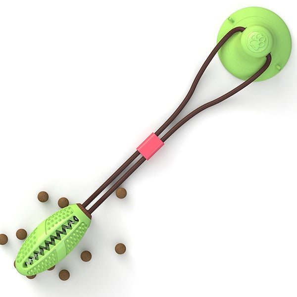 Increase the relationship between you and your pup with the Treat Dispensing Dog Chew Toy. This chew toy consists of a ball in the center and two rope loops with a suction cup. The design makes it easy to grab for your furry friend as well. Ideal for tug-o-war, it is made with a high-quality non-toxic rubber material that evenly distributes stress. 