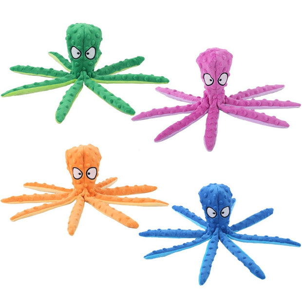 Help your fur friend spend his endless reserves of energy with the Octopus Dog Toy. The toy features a pleasant, floppy design, perfect for tossing fun, and has crinkle paper all over the tentacles, the sound will attract your dog's attention. Its realistic feel of an internal knotted rope satisfies your dog’s instinct to chew. The corduroy textures and crinkle paper, make it even more fun for your dog to play. 