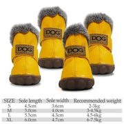 These Winter Dog Boots are your answer.  They are Sherpa lined so they will keep their little feet warm and dry, soft rubber soles to ensure grip and are PU leather for easy clean up.  If your dog doesn't take to wearing them right away, keep trying for a few minutes a day inside and work your way up to going for a walk and praise with lots of delicious treats.
